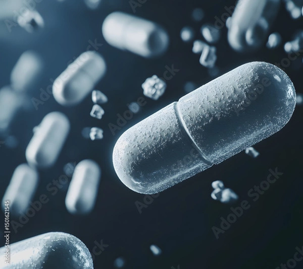 Obraz Close-up of Floating Capsules on dark background