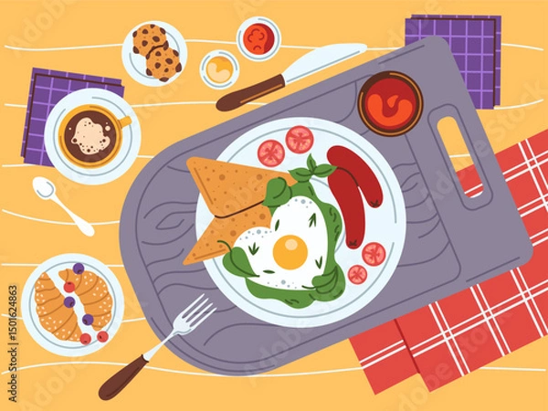 Fototapeta A plate of fried eggs, vegetables and sausages, a mug of hot coffee with croissants and crackers. Delicious fresh breakfast. Top view. Vector illustration in the flat style
