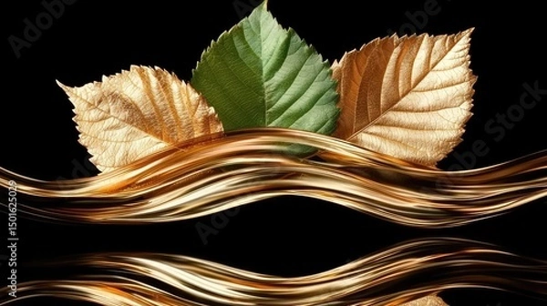 Fototapeta Leaf Arrangement with Gold Stream and Reflection on Black
