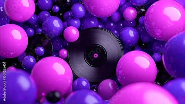 Fototapeta Floating Record with Pink and Purple Spheres for Artistic Designs