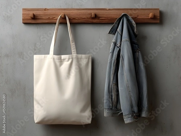 Fototapeta A cream-colored tote bag and a denim jacket hang neatly on a rustic wooden wall-mounted coat rack against a textured gray background.