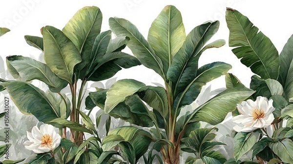 Fototapeta Lush tropical banana plants and delicate white flowers create a vibrant botanical illustration perfect for textile design and home decor.