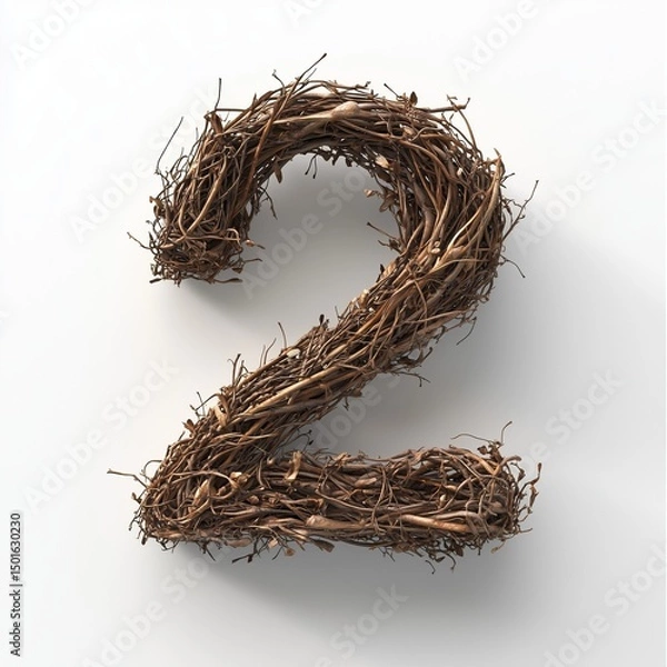 Fototapeta Number 2 shape from twig  tree texture nature environment, isolated white