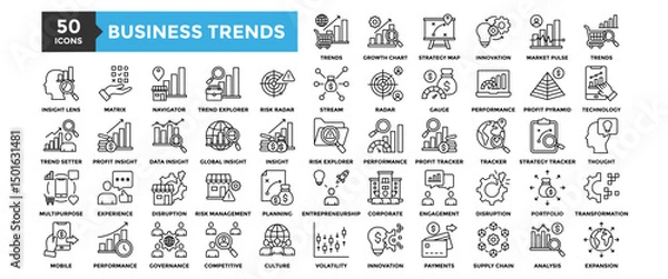 Fototapeta 50 Business Trends icon set. Containing design business, financial, finance, trend, strategy, target	
