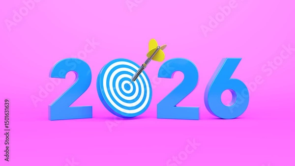 Fototapeta New Year 2026 with Dart board and arrows - 3D Rendered Image	
