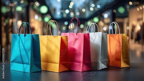 Fototapeta Colorful shopping bags with blank space in mall setting for Black Friday and Cyber Monday promotion