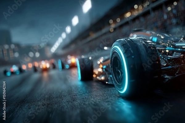 Obraz Futuristic f1 race with sleek electric stock cars racing in a desert arena