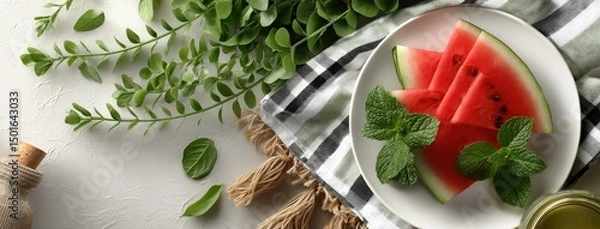 Fototapeta Fresh watermelon slices with mint leaves on a light gray background for healthy summer eating, displayed in a top view, ideal for seasonal food design concepts
