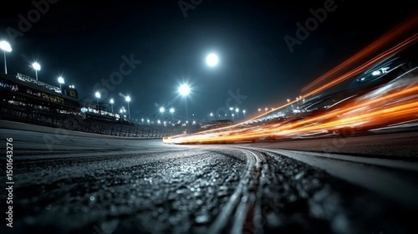 Obraz Nighttime NASCAR event featuring lit oval track with vibrant light streaks and full moon