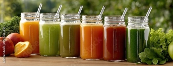 Fototapeta Delicious fruit-based smoothies and milkshakes displayed in mason jars with colorful straws on a dark background