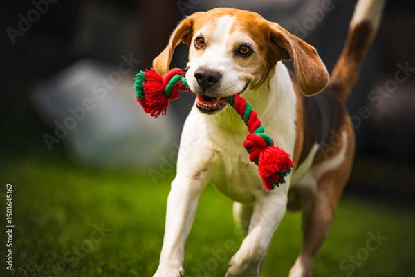 Fototapeta A playful and energetic Beagle is happily playing with a toy in lush green grass