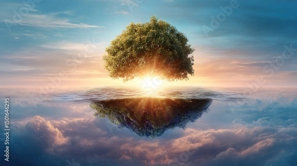 Fototapeta Floating island with glowing tree above ocean clouds in sunrise light, spiritual and magical atmosphere
