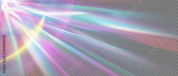 Fototapeta Prismatic light flare with rainbow glow. Crystal glass refraction and holographic sparkle. Abstract iridescent burst with realistic shine and colorful gradient. Perfect for magic or fantasy design.