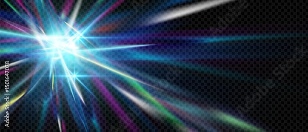 Fototapeta Iridescent prism flare with rainbow glow and crystal shine. Abstract holographic sparkle with diamond light, glass refraction and soft blur. Perfect for fantasy, kaleidoscope or vector design.