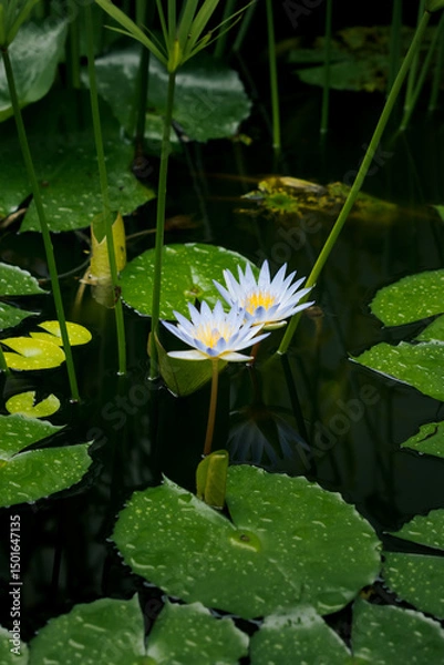 Obraz Two blue lotus flowers (Nymphaea caerulea) with delicate petals and golden center in close-up