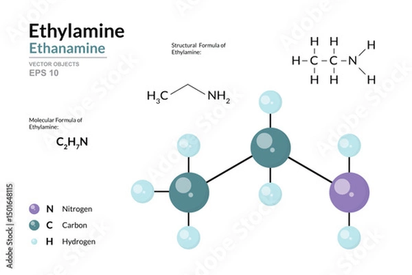 Fototapeta Ethylamine. Ethanamine. Structural Chemical Formula and 3d Model of Molecule. C2H7N. Atoms with Color Coding. Vector graphic Illustration for educational materials, scientific articles, presentations