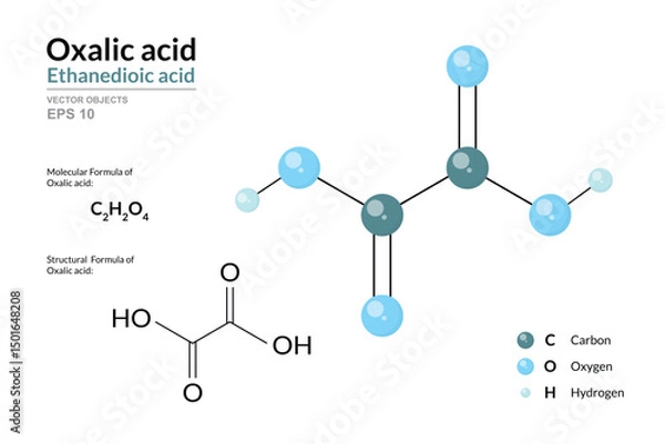 Fototapeta Oxalic Acid. Structural Chemical Formula and 3d Model of Molecule. C2H2O4. Atoms with Color Coding. Vector graphic Illustration for educational materials, scientific articles, and presentations