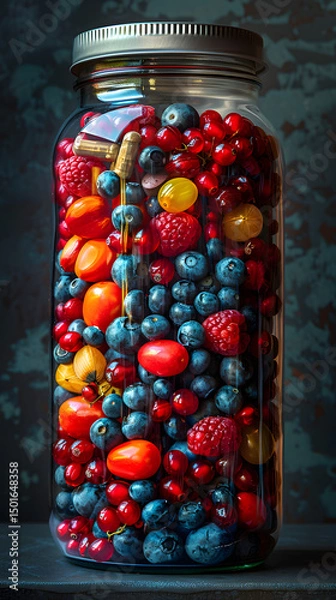 Obraz Assortment of fresh berries and fruit as antioxidants preserved in a glass jar