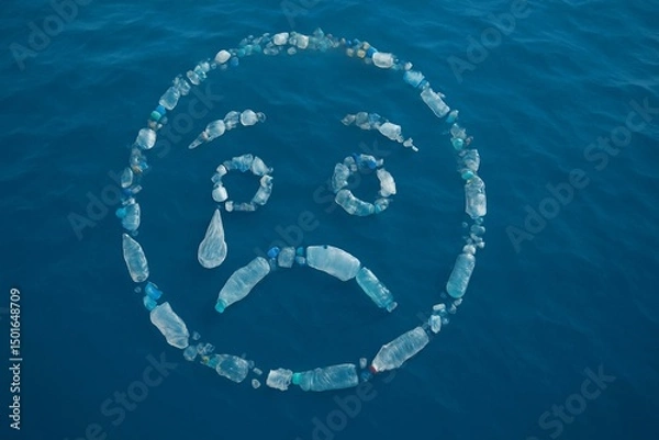 Fototapeta "Plastic Pollution Awareness: Sad Face of Ocean Waste Urging to Save Our Seas"