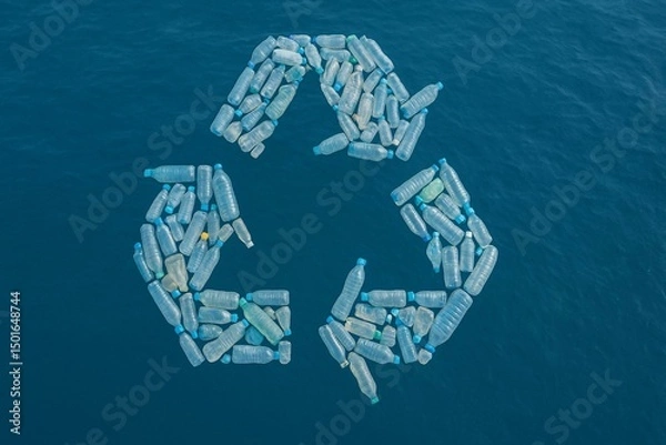 Fototapeta "Recycling Symbol Made of Plastic Bottles Floating on Ocean for Environmental Awareness"