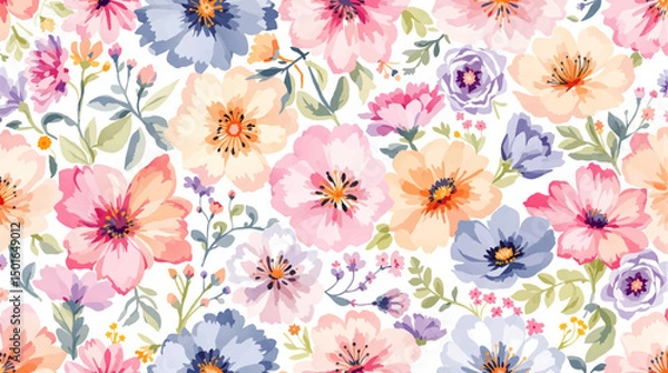 Obraz Seamless pattern with flowers watercolor, Spring  Watercolor flowers background, Colorful flower Watercolor background