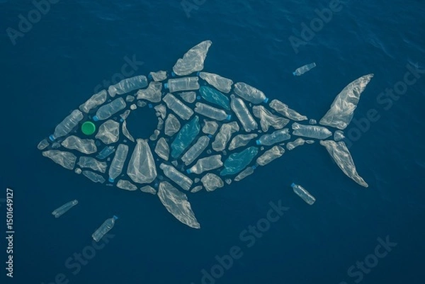 Fototapeta Creative Ocean Pollution Concept with Plastic Waste Forming a Fish Shape