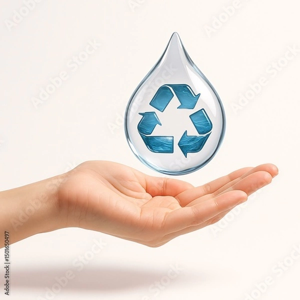 Fototapeta Sustainable Ocean Conservation: Hand Holding Recycle Symbol in Water Drop