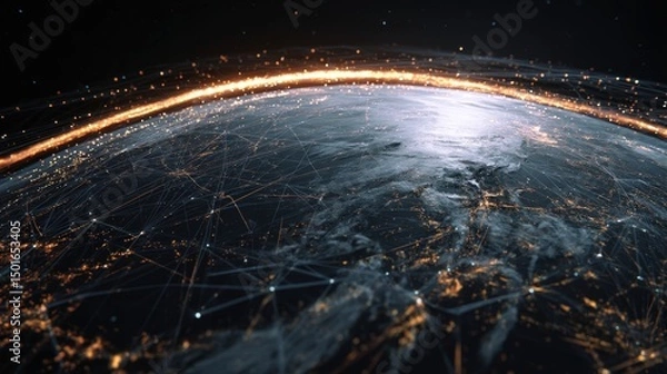 Fototapeta Digital grid overlay on spinning planet with active lines of lights representing global communication and data exchange