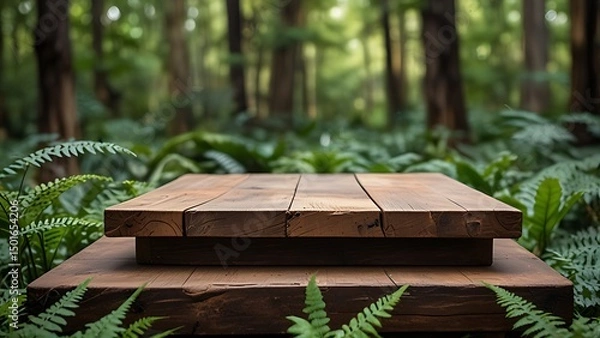 Fototapeta Wooden tabletop with forest background for product display and nature presentation
