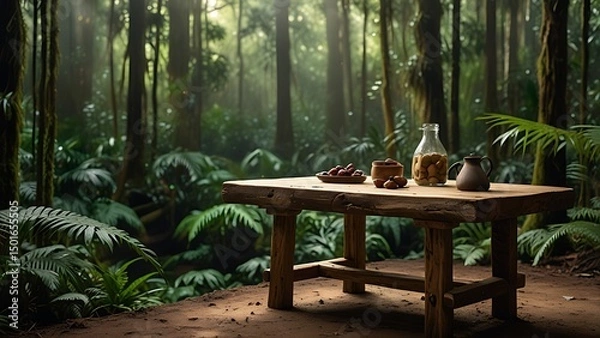 Fototapeta Wooden table with refreshments in a lush green forest with sunlight streaming through trees