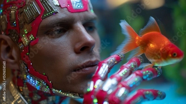 Obraz Cybernetic male with red electronic enhancements interacting with goldfish in futuristic setting