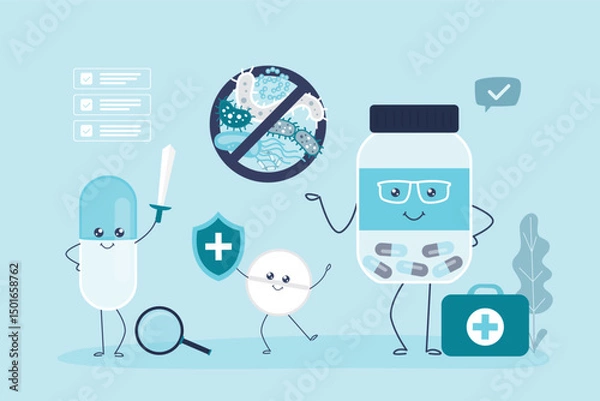 Obraz Pills and medicines defeat viruses and bacteria. Effective treatment, health protection, healthcare. Funny mascots with positive faces.