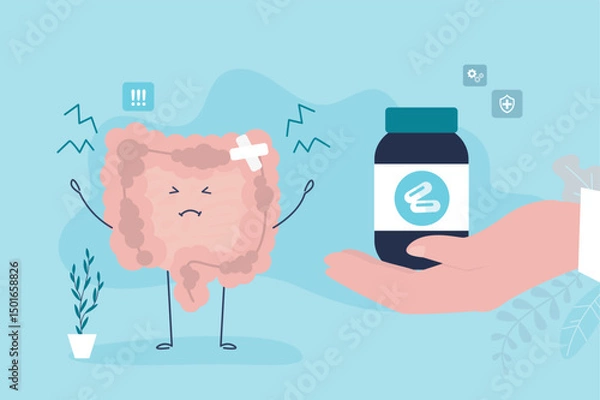 Obraz Sad suffering sick human intestines, internal organ asks for help. Doctor hand give vial with drugs for hurt intestines character. Sad and sick part of belly or human organ