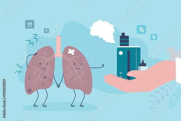 Obraz Vaping leads to disease, cancer. Sick unhappy lung mascot refuse e-cigarette, seller hand give vape device. Lungs disease from smoking, quit vaping,