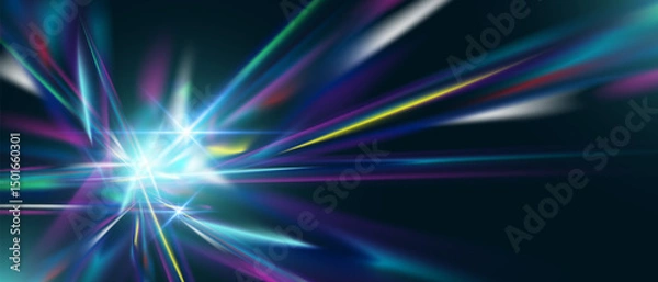 Fototapeta Diamond prism light flare with iridescent glow. Crystal reflection, rainbow rays and neon sparkle on abstract gradient background. Modern magic effect for fantasy or holographic themes.