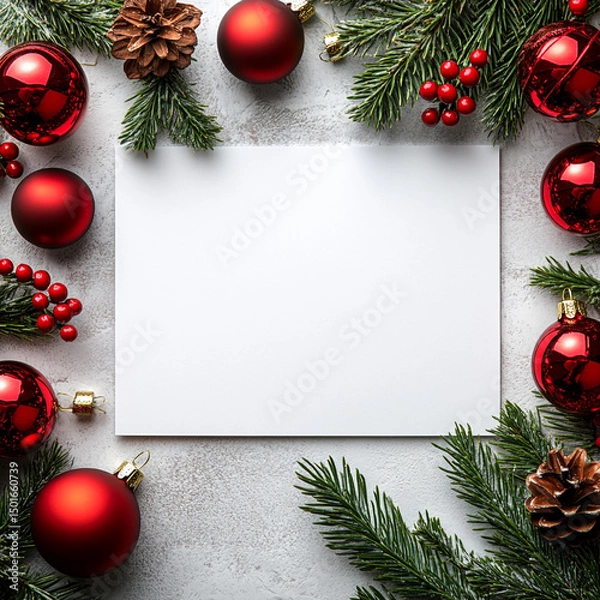 Fototapeta Festive Christmas Blank Paper Background with Decorations. ai generated
