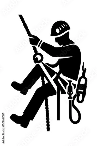 Fototapeta Rope Access Technician Silhouette Icon Logo Black and White Vector