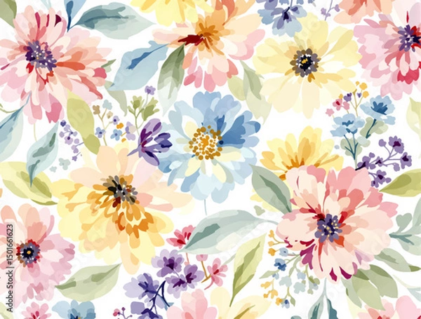Fototapeta Watercolor floral seamless pattern with colorful flowers , leaves and branches