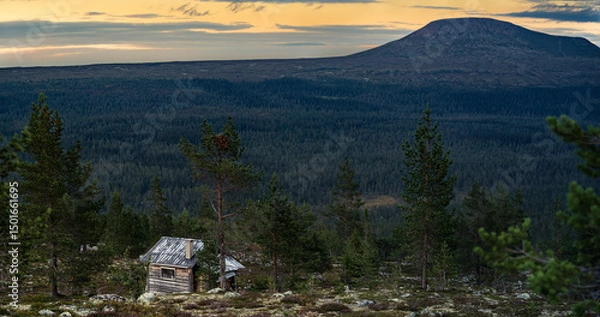 Fototapeta An abandoned log cabin rests on a mountain slope in Idre Dalarna, surrounded by boreal forest and overlooking Städjan mountain under a serene blue hour sky