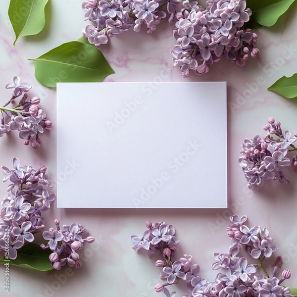 Fototapeta Blank paper surrounded by lilac flowers on a marble background.. ai generated