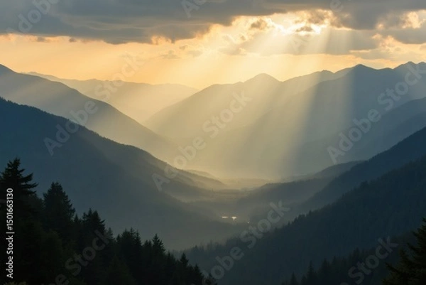 Obraz Sunrays Over Smoky Mountains – Ideal for Travel Banners, Meditation Blogs, Nature Posters, Background Images, and Weather Forecast Visuals