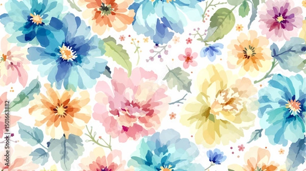 Obraz Watercolor floral seamless pattern with colorful flowers , leaves and branches
