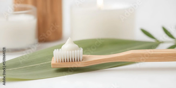 Obraz A bamboo toothbrush holds a dollop of white organic toothpaste beside a soft green leaf
