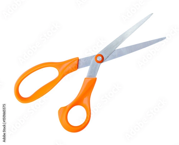 Fototapeta Top view of a pair of multipurpose scissors with orange handle isolated with clipping path in png file format