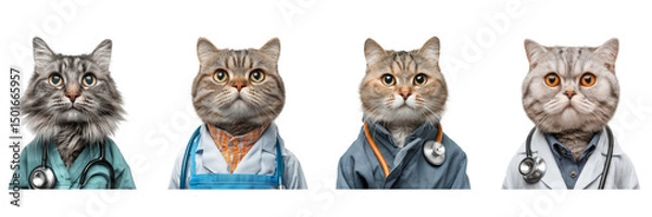 Fototapeta Set of cat doctor with stethoscope and apron look at the camera isolated on a transparent background