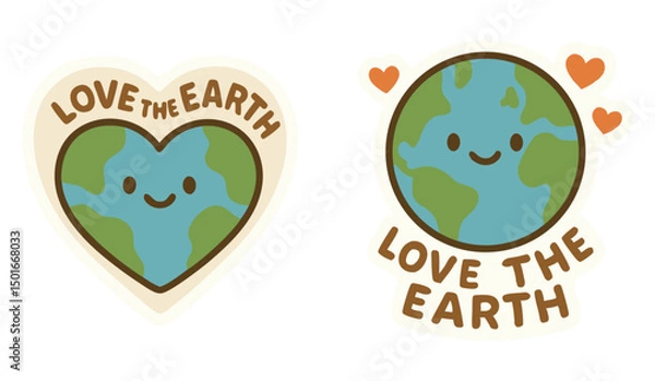 Fototapeta Love the Earth Sticker Set – Cute Smiling Planet with Hearts – Eco-Friendly Message of Planet Care and Sustainability – Vector PNG with Transparent Background
