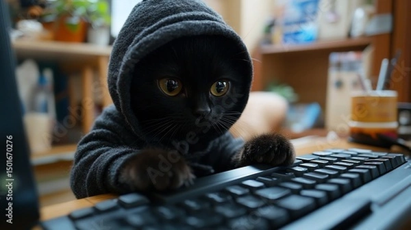 Fototapeta Cyberpunk Cat: A Black Feline in a Hoodie Hacking Away at a Keyboard