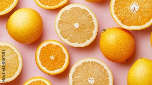 Obraz Vibrant Citrus Slices and Whole Fruits on Pink Background