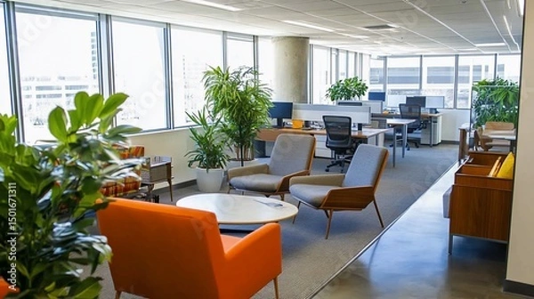 Obraz Modern Office Interior Design with Abundant Natural Light and Greenery
