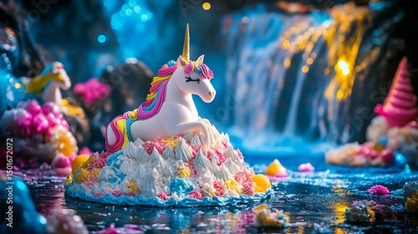 Fototapeta Enchanted Unicorn Cake in a Mystical Waterfall Setting